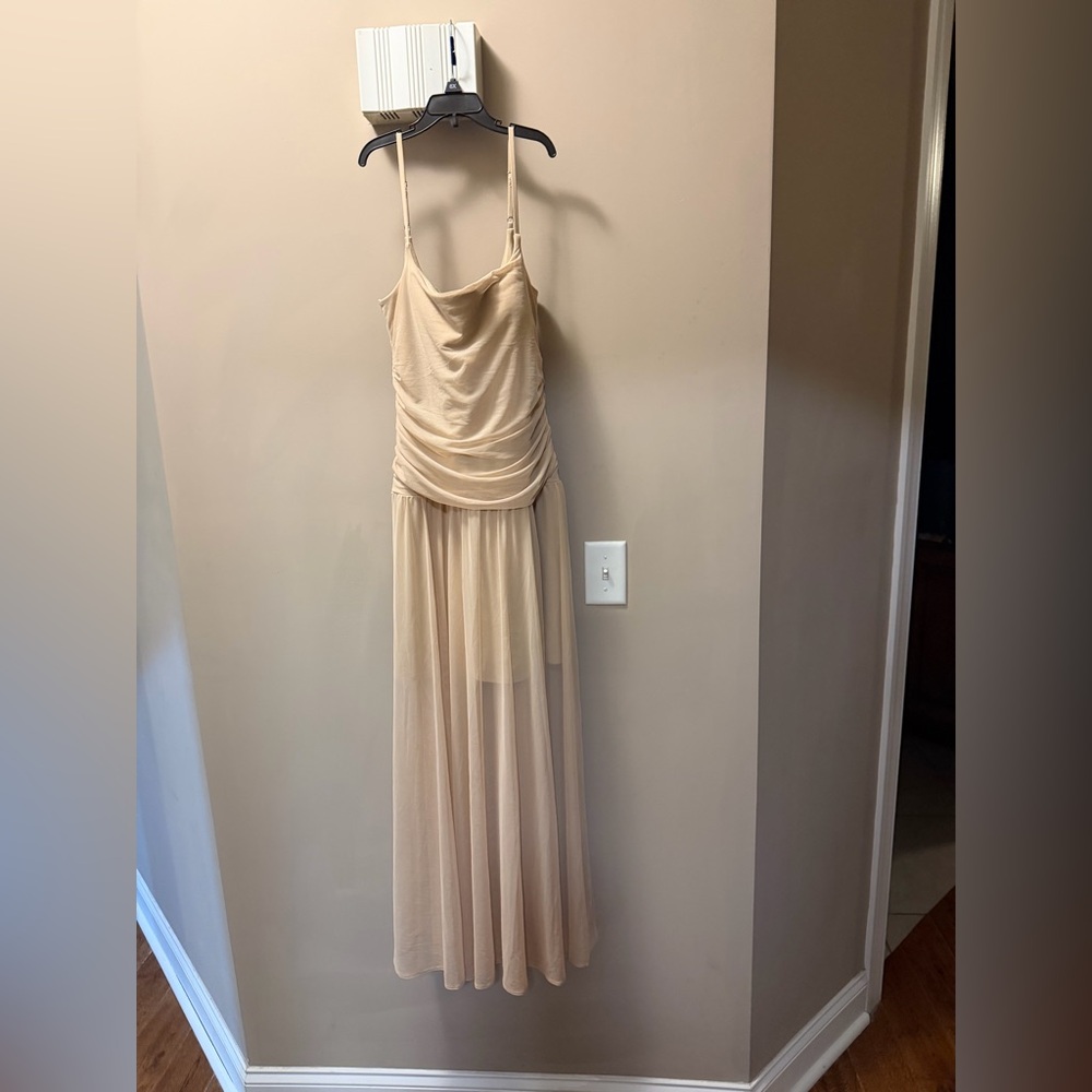 Abercrombie & Fitch cream tan sheer flowy tulle Midi Dress large tall perfect co - Picture 2 of 3